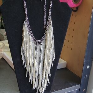 Premier Designs Cream Pearl Fringe Necklace with Clear Crystal Accents
